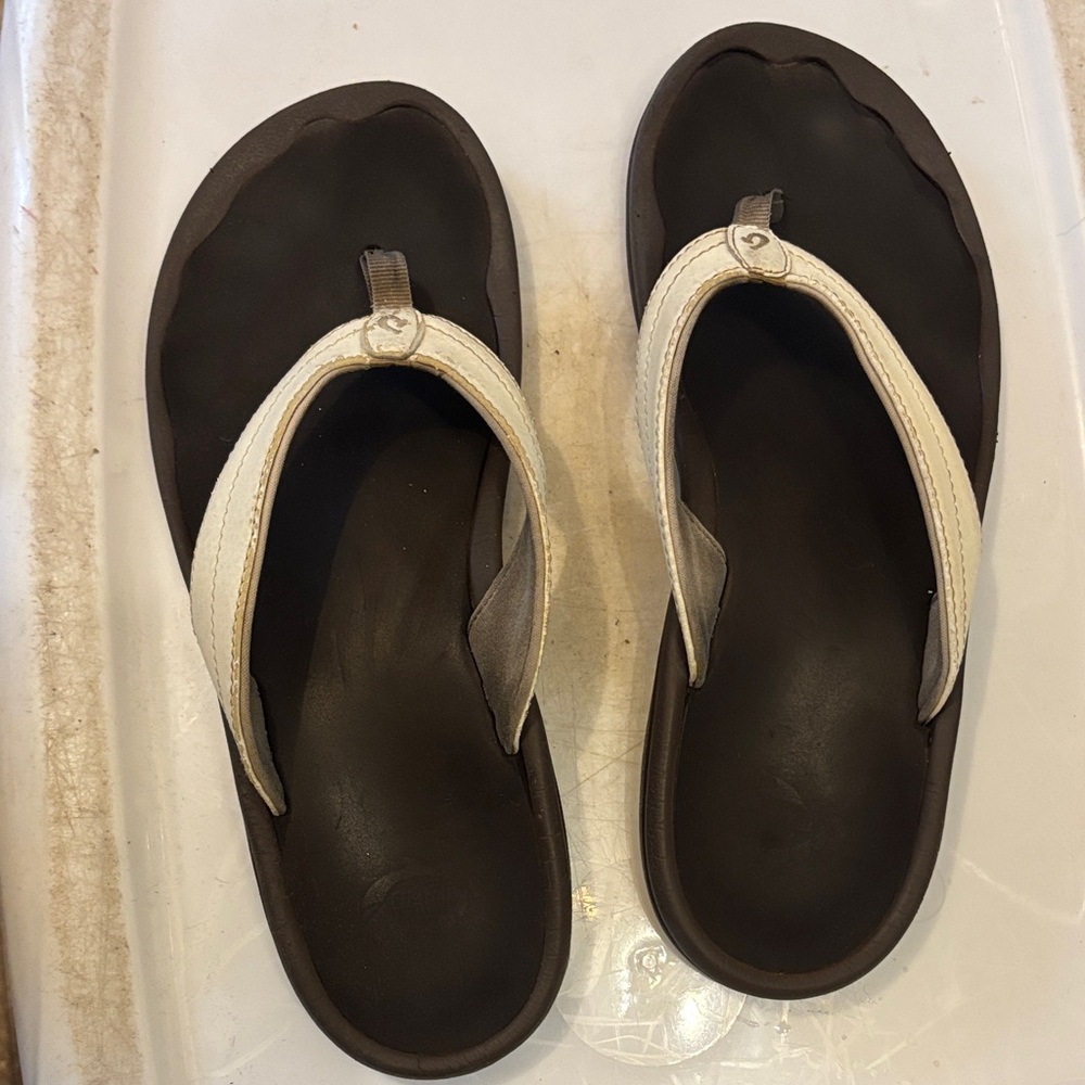 Brown footbed Olukai  Flip Flop Sandals with Cream Straps